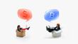 © master1305 - Two people sitting in boxes with currency symbols representing comparison of payment systems. Concept of pricing models, currency choice, fintech platforms and financial decision making