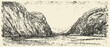 © Purple_Lamp - Vintage hand drawn mountain landscape with river valley and rocky cliffs sketch