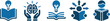 © Mehg - Minimalist blue icon set of knowledge and innovation with brain hands book lightbulb and directional arrows in horizontal layout