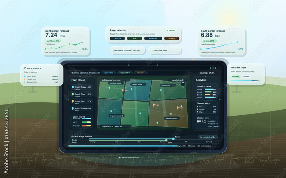 Smart farming dashboard interface with remote sensing crop map, yield ...