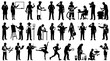 © abuizzati - Collection of diverse professional silhouettes representing various occupations and activities, including artists, scientists, and service workers.