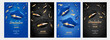 © Uliya - Graduation party 2026 poster set with flying academic caps and gold confetti. Vertical vector banners in blue and black for class of 2026 ceremony celebration and invitation design