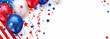 © Noble Nature - Ballons rouges, blancs et bleus avec rubans et confettis sur fond clair avec espace négatif copyspace, composition festive patriotique pour fête nationale au Royaume-Uni, en Norvège et en Islande