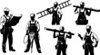 © salma - Collection of professional construction worker silhouettes holding various tools, carrying materials, and reviewing, isolated on white background