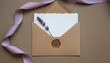© anees - Lavender sprigs and purple ribbon frame a sealed envelope evoking. Elegant Lavender Wedding Stationery / Gift Aesthetic