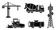 © Maestro - Essential construction equipment and infrastructure silhouettes including tower crane concrete mixer truck paver industrial pipe and telecom tower for industrial project presentations