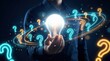 © Sukon - Finding solutions and knowledge search with a person holding a glowing light bulb in a dark room.