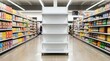 © Sukon - A white supermarket gondola shelving display unit in a retail store for product placement mockup.