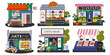 © luamor - Set of building facades for small business in cartoon style. Showcase windows of bookstore, bakery, butcher market stall, art studio, coffee house and flower shop. Vector illustration