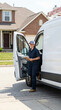 © Yauhen - A female pest control technician in uniform steps out of a white service van with a clipboard. Professional arrival at a residential home. Ideal for home maintenance and pest control services.