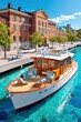 © Georgii - Luxurious wooden motor yacht docked at Stockholm harbor on a sunny summer waterfront afternoon