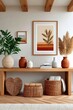 © Georgii - Minimal boho entryway with wooden frame art, wicker baskets and natural decor on a console table