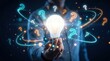 © Pinit - Innovation concept featuring a glowing light bulb and floating question marks for creative problem solving.