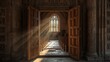 © VolumeThings - Sight of an ajar wooden church door.