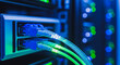 © CreativeIMGIdeas - Close up of high speed fiber optic cables plugged into server rack in modern data center for fast internet connection