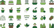 © Sonaton - Sustainable urban farming icon set featuring greenhouse vertical gardening solar energy organic seeds watering tools and city agriculture flat vector illustrations