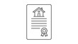© Amit Hasan - Property deed minimalist black line vector icon on white background representing a real estate document with a house symbol and seal for mortgage, home ownership, and legal contract illustration.