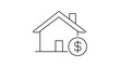 © Rakibul - Minimalist black line vector icon illustration of a house outline with a dollar sign, representing mortgage, home loan, real estate investment, and property finance on a white background.