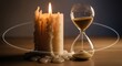 © Yusuf - Lit candle and hourglass with sand measuring time against a dark background