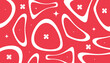 © Aftab - Retro mid-century seamless pattern with abstract amoeba shapes and sparkles on a vibrant red background. Vintage 1950s style vector design ideal for wallpaper, textile, and surface patterns.