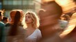 © Nart - A serene woman stands still with closed eyes amid a bustling urban crowd. Soft golden evening light and blurred motion highlight the concept of mindfulness and calm.