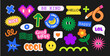 © Foxy Fox - Retro funny stickers. Cartoon groovy characters. Vintage funky shapes with positive faces and emotions, cute slogans. Doodle decorative abstract kids mascot. Vector set