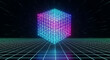 © Azim - Abstract futuristic cube structure glowing with neon colors on a digital grid background