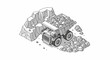 © Areon - Isometric Line Art Illustration of a Heavy Mining Dump Truck Loaded with Rocks, Industrial Quarry Excavation and Construction Machinery Concept
