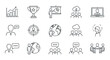© HUANG - Business strategy and teamwork icons showcasing analytics, success, presentation, global connection, and collaboration for professional growth and development