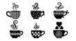 © Mir Rahima Bari - Decorative coffee cup silhouettes with unique patterns and steam swirls vector collection of stylish mugs with polka dots stripes and checkered design elements