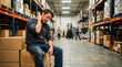 © Xenia - Exhausted male warehouse worker sitting on boxes and rubbing his neck. Tired blue collar employee taking a break from manual labor in a busy industrial distribution center