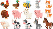 © MdRezaul - Cute cartoon farm animals vector set featuring cow pig horse sheep goat rooster duck bee rabbit and cat illustrations for children educational materials and nursery decor