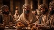 © Gayane - A composed biblical scene of Daniel speaking calmly to a chief official in a palace chamber, with royal food set on the table and four young men standing together in modest garments under warm light.