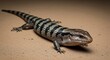 © jaya - A scaly lizard with blue bands and dark stripes basks on sand