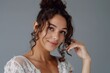 © Andrii Zastrozhnov - Young caucasian female bride portrait smiling curly hair lace dress closeup beauty expression natural makeup romantic elegance
