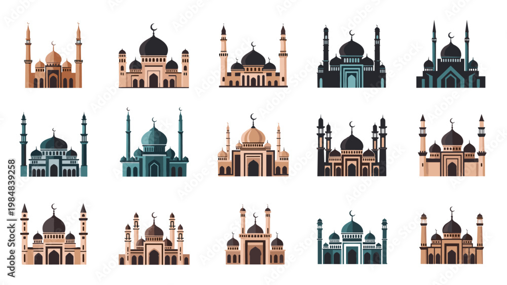 Stock-Vektorgrafik „Collection of fifteen various mosque icons in ...