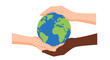 © Camel - A hand holding a blue globe sphere represents a global business concept for environmental protection and eco care to save the green planet and nature for international peace