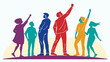 © YURII - Colorful silhouettes of diverse people raising hands in unity symbolizing teamwork diversity celebration and success