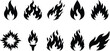 © Insa Batool - Sammlung von schwarzen Flammen- und Feuersymbolen in verschiedenen Formen und Stilen auf weißem Hintergrund.