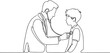 © jinnatun - Single one line drawing of doctor with a stethoscope examining a boy patient. Male doctor in a white coat examining the lungs of a teenage boy. one line icon drawing vector