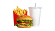 © Misbah - Delicious Fast Food Menu Featuring a Double Beef Cheeseburger, Crispy French Fries, and a Soft Drink in a White Cup Isolated on White Background