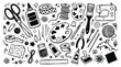 © Hutagalung - A vibrant doodle illustration of various art supplies and craft tools scattered on a table indoors