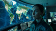 © Bluum - Woman in command center viewing large curved screen with glowing world map and data connections. Cybersecurity analyst monitoring global network activity. Digital surveillance technology and