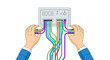 © Hilman - Businessman Hands Plugging Colorful Fiber Optic or Network Cables into a Digital Communication Hub, IT Infrastructure and Connectivity Concept Illustration
