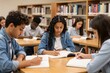 © Studicon - Students concentrating on their studies at the library with bookshelves in the background