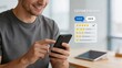 © James - Smiling young man using smartphone to check customer reviews five star rating feedback concept online shopping mobile app interface social proof digital marketing positive