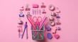 © Rifat - Pink stationery collection including pencils scissors binder clips and tape on pink background