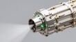© BOJOShop - Advanced industrial laser nozzle emitting focused beam of light on grey background