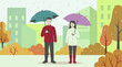 © ObStock - Man and woman with umbrellas walking in autumn rain, urban landscape