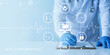 © KHAN VECTOR CO.  - A medical professional wearing a white coat and blue gloves is writing on a clipboard with digital health informatics icons and a heartbeat line overlay